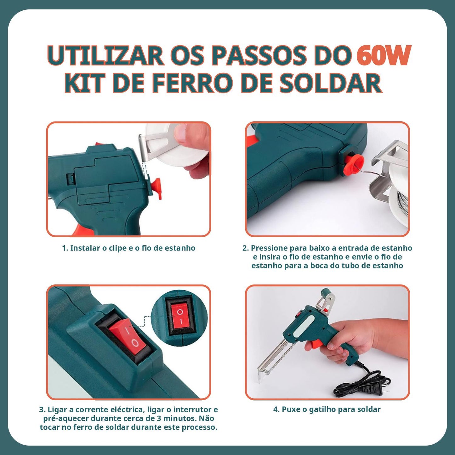 Kit De Ferro De Soldar, Pistola Eléctrica De 60W Com Cabo E Fio De Soldar